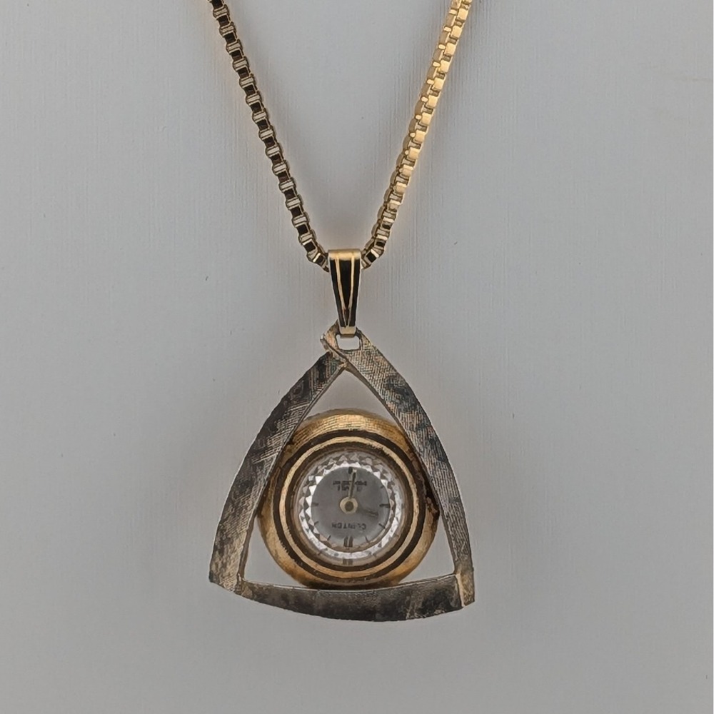 Vintage Clinton Pendant Watch Gold Tone Geometric Necklace Running 17" Chain